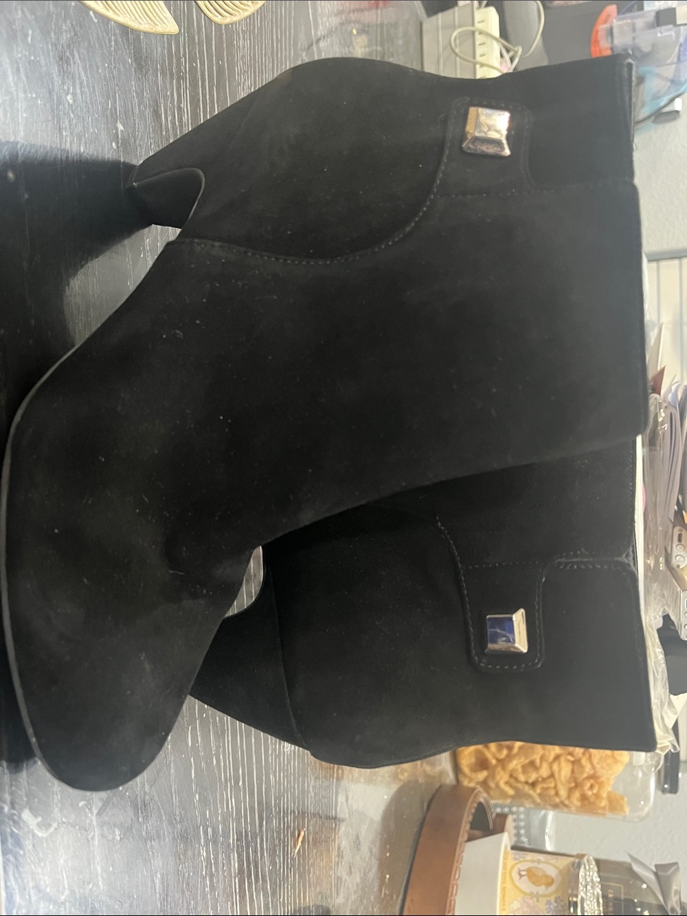 Alex Marie Black Suede Ankle Booties with Square Metal Stud